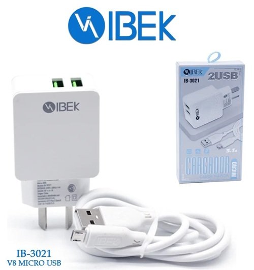 CARGADOR IBEK 3.1A MICRO-V8 CABLE DESMONTABLE IB-3021