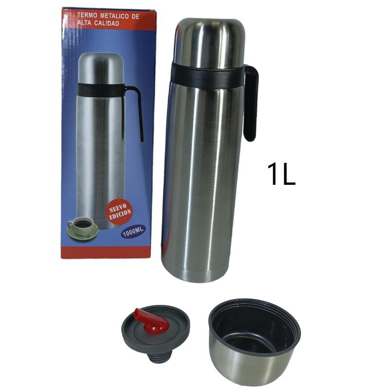 TERMO ACERO 1L CON MANIJA NEGRO/PLATEADO MB920039
