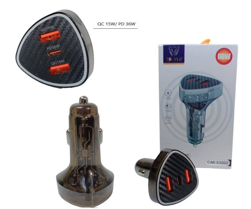 CARGADOR DE AUTO TRANSPARENTE CARGA RAPIDA PD 66W CAR-53002