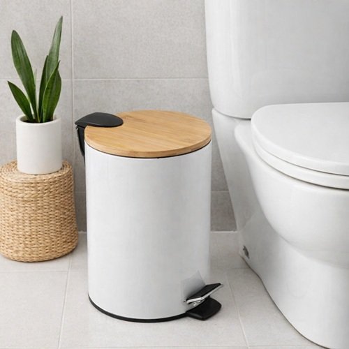 CESTO PARA BASURA TAPA BAMBU 5 LITROS BLANCO-NEGRO - Imagen 2