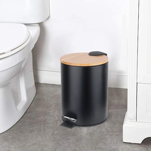 CESTO PARA BASURA TAPA BAMBU 5 LITROS BLANCO-NEGRO